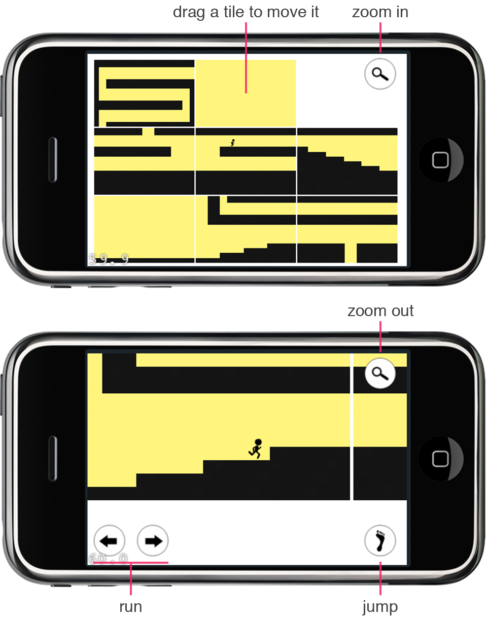 An image of a prototype in which the player plays in two modes: one zoomed in and one zoomed out.