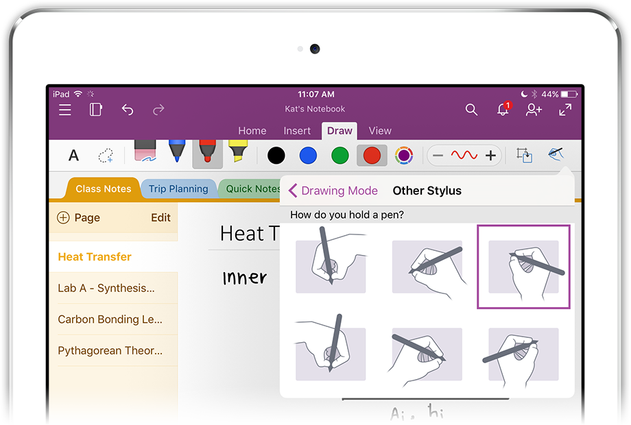 An image of the screen where you tell OneNote how you hold a pen.