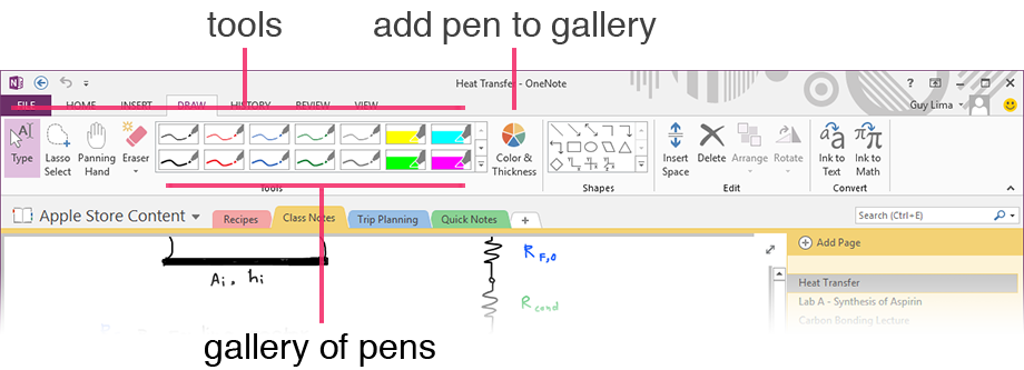 OneNote 2013 provided users a large gallery of custom pens.